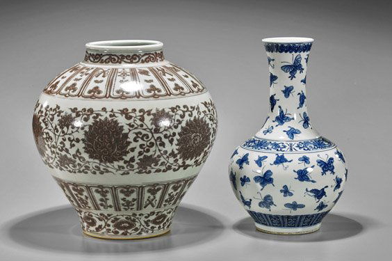 Two Chinese Porcelain Vases: Butterflies & Dahlias (1 of 2)