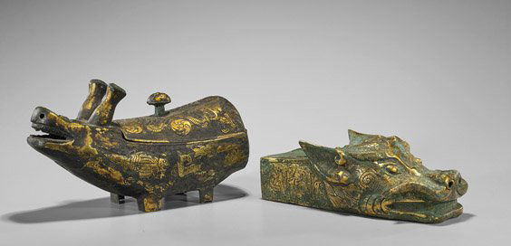Two Archaistic Chinese Gilt Bronzes: Dragon & Hippo (1 of 2)