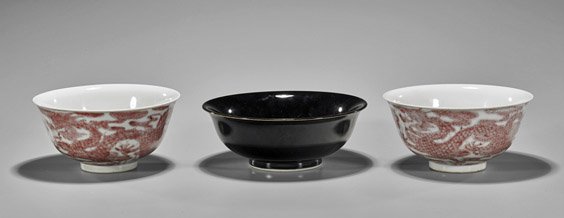 Three Chinese Porcelain Bowls: Black & Copper Red (1 of 2)