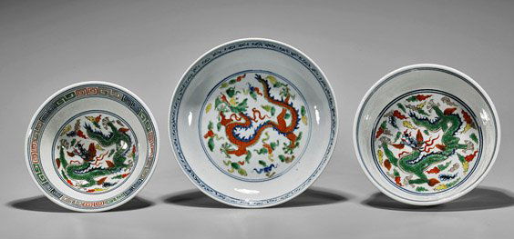 Three Ming-Style Wucai Porcelains (1 of 2)