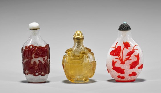 Three Beijing Glass Overlay Snuff Bottles (1 of 2)
