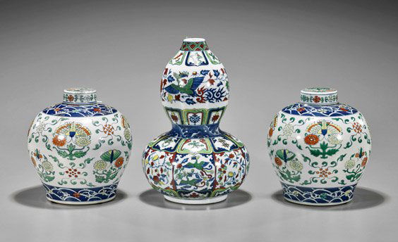 Three Chinese Doucai Porcelains: Jars & Vase (1 of 2)