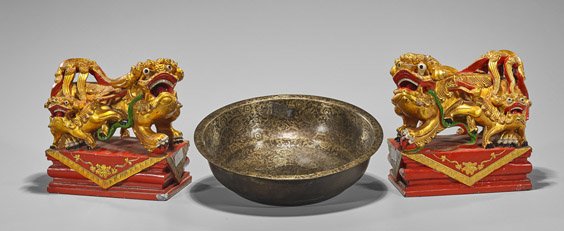 Three Chinese Gilt Items: Lions & Bowl (1 of 2)