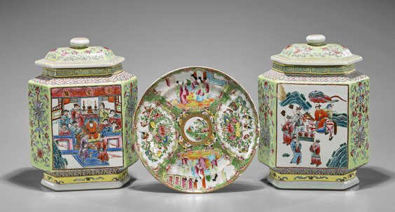 Three Chinese Enameled Porcelains: Jars & Plate (1 of 3)