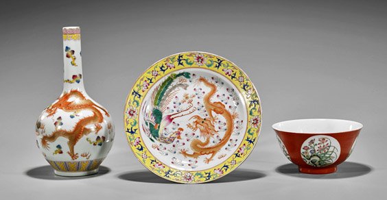 Three Chinese Enameled Porcelains: Dragons & Flowers (1 of 2)