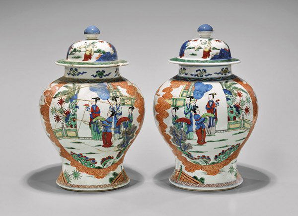 Pair Antique Famille Verte Porcelain Covered Jars (1 of 3)