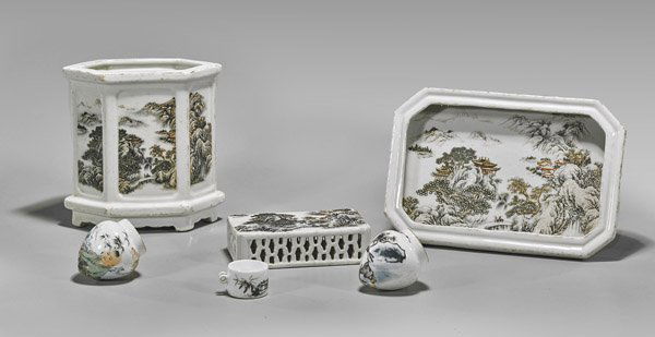 Six Chinese Porcelain Vessels: Scholars & Birdfeeders (1 of 2)
