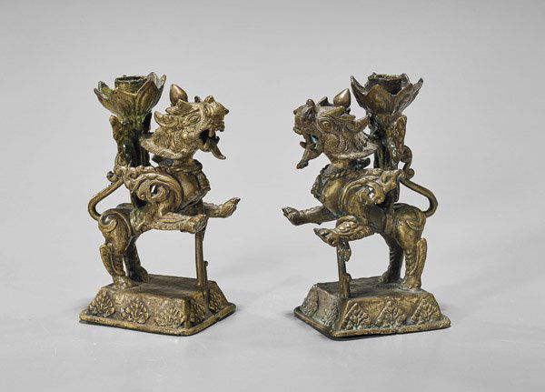 Pair Antique Thai Bronze Lion Candleholders (1 of 1)