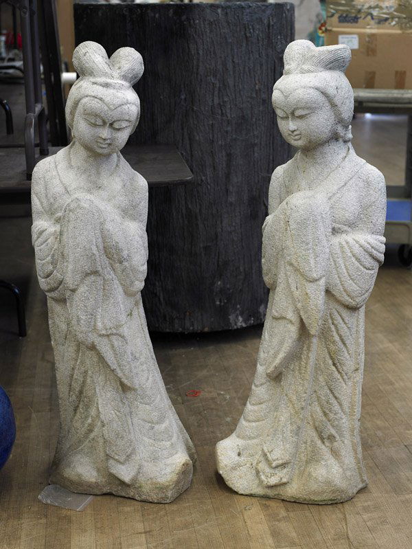 Pair Chinese Carved Stone Ladies (1 of 1)