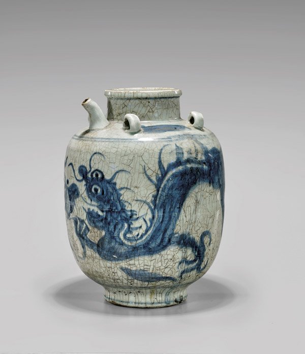 MING SWATOW BLUE & WHITE PORCELAIN WINE JAR: Large and antique, Chinese Ming Dynasty, Swatow blue and white crackle-glazed porcelain wine jar, of footed, barrel form with four small loop handles to shoulder, with two dragons and a butterfly to t