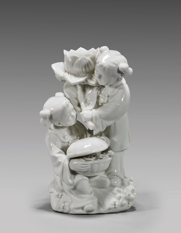 ANTIQUE BLANC DE CHINE PORCELAIN FIGURAL GROUP: He-he (1 of 2)