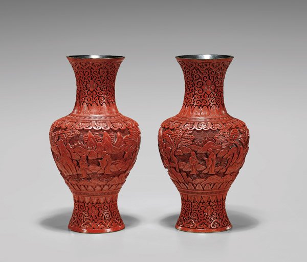 PAIR ANTIQUE CINNABAR LACQUER VASES (1 of 2)