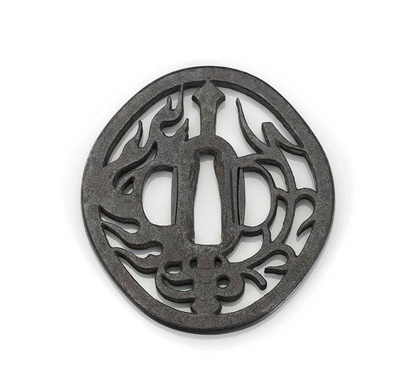 ANTIQUE JAPANESE IRON TSUBA: Sword & Flames (1 of 3)