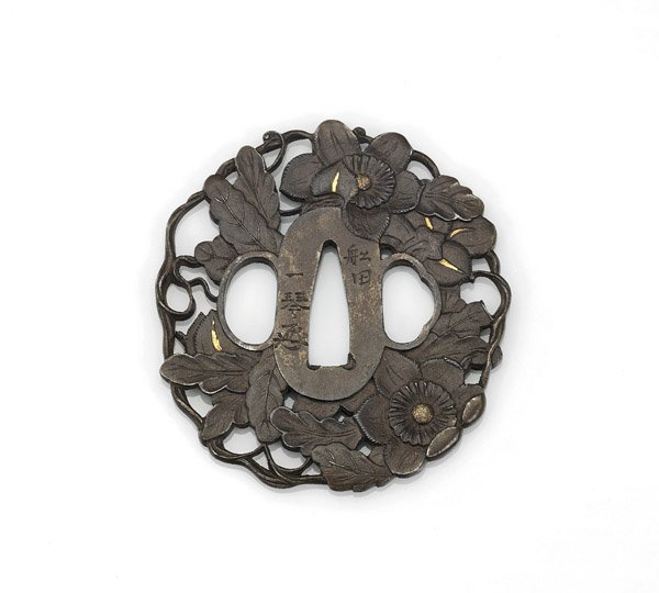 Antique Japanese Iron Tsuba Flowers