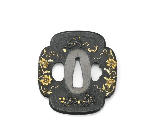 ANTIQUE JAPANESE SHAKUDO TSUBA: Shi-shi & Flowers (1 of 2)