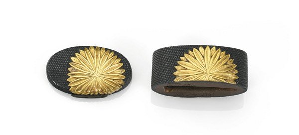 TWO-PIECE ANTIQUE JAPANESE FUCHI KASHIRA SET: Flowers (1 of 4)