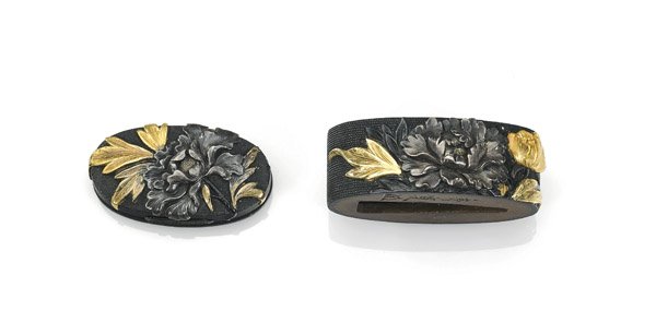 TWO-PIECE ANTIQUE JAPANESE INLAID SHAKUDO FUCHI KASHIRA (1 of 4)