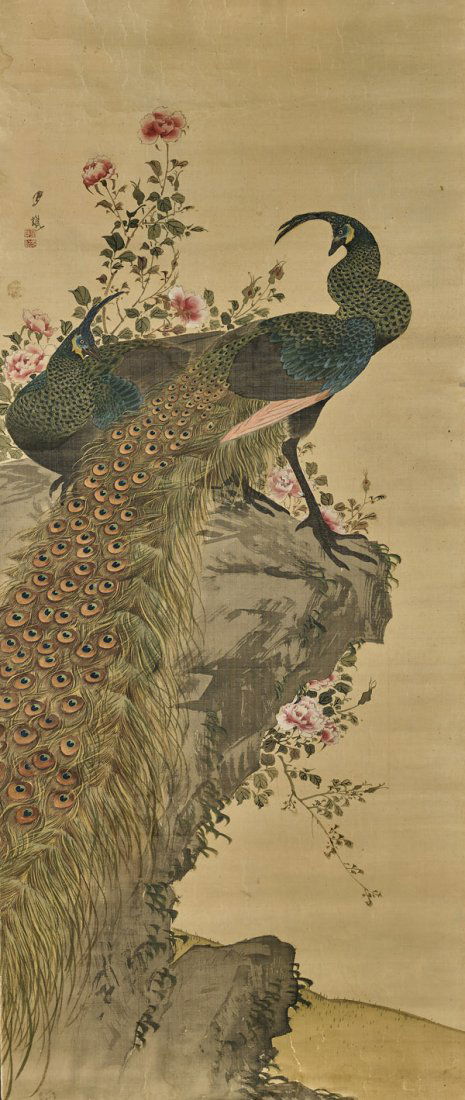 ANTIQUE JAPANESE SILK SCROLL: Peafowl (1 of 3)
