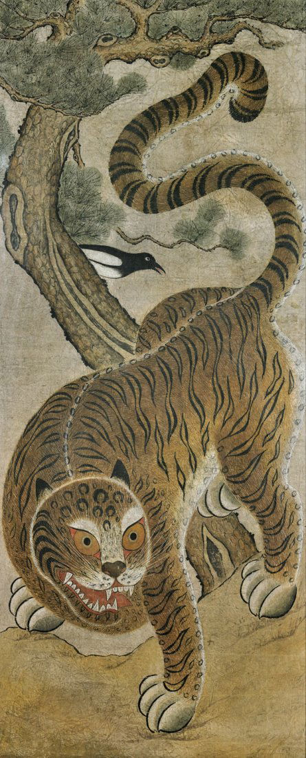 LARGE ANTIQUE KOREAN FOLK PAINTING: Tiger & Magpie (1 of 1)