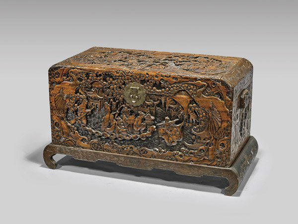 OLD CHINESE CARVED CAMPHOR WOOD CHEST (1 of 2)