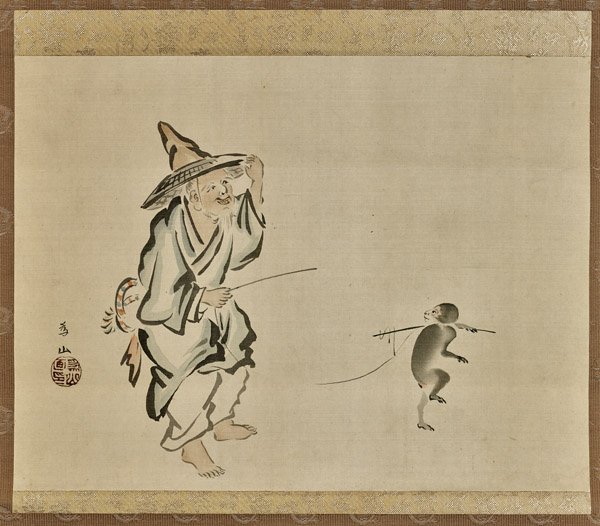 Old Japanese Silk Scroll: Trainer & Monkey (1 of 2)