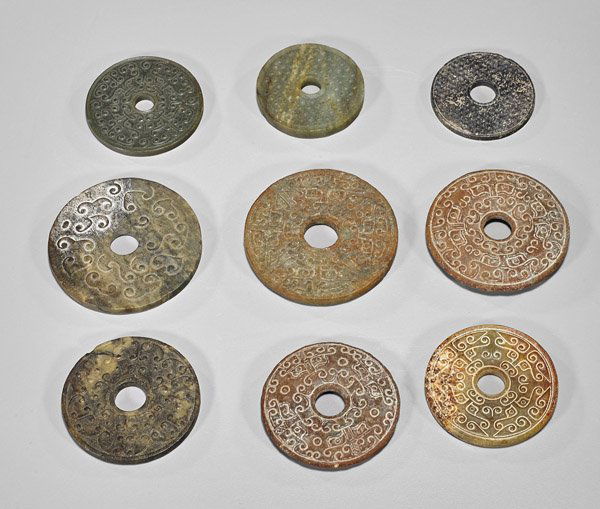 Nine Chinese Carved Jade/Hardstone Bi Discs (1 of 1)