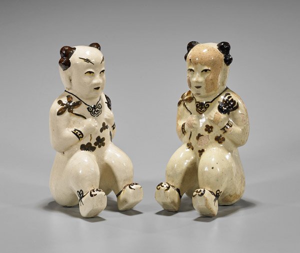 Pair Chinese Cizhou Glazed Seated Boys (1 of 1)