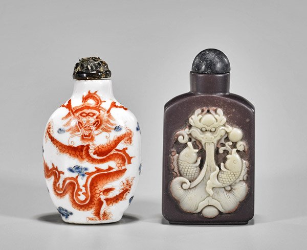 Two Dragon Snuff Bottles: Porcelain & Stone (1 of 2)