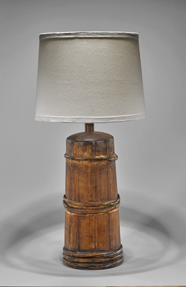 Asian Sectional Wood Vessel/Lamp: Possibly antique and Chinese, sectional wood vessel; of cylindrical form, now mounted as a lamp; Provenance: Estate of Garry Shandling; H: 18 1/2"
