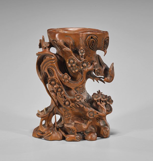 Chinese Carved Wood Vase: Birds & Blossoms (1 of 2)