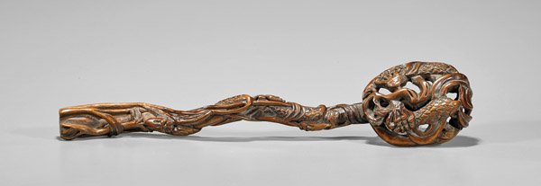 Antique Chinese Carved Wood Ruyi Scepter: Antique Chinese carved wood ruyi scepter; of naturalistic form with Buddha Hand citron and millet to the shaft and head; L: 14 1/2"