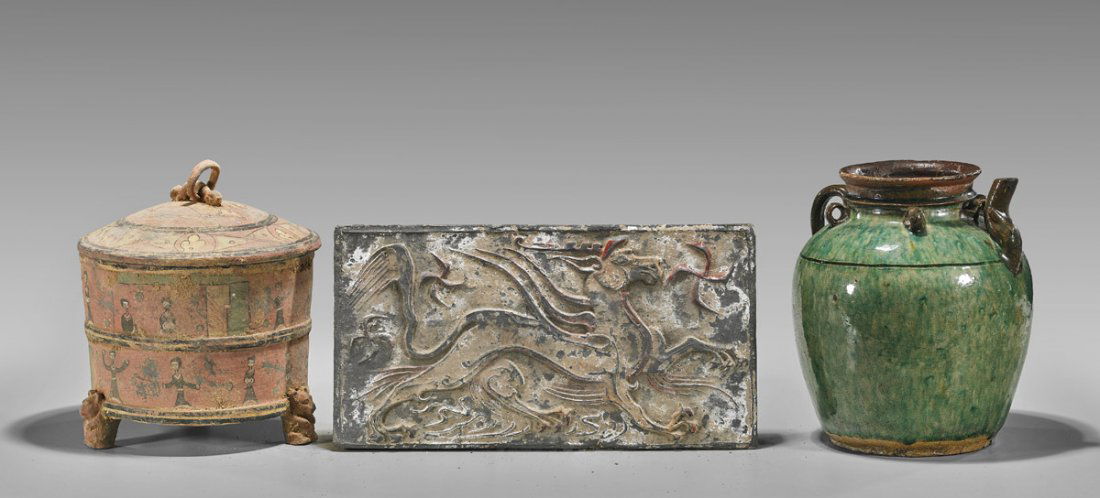 Three Chinese Pottery Items: Plaque, Ewer & Tripod (1 of 1)