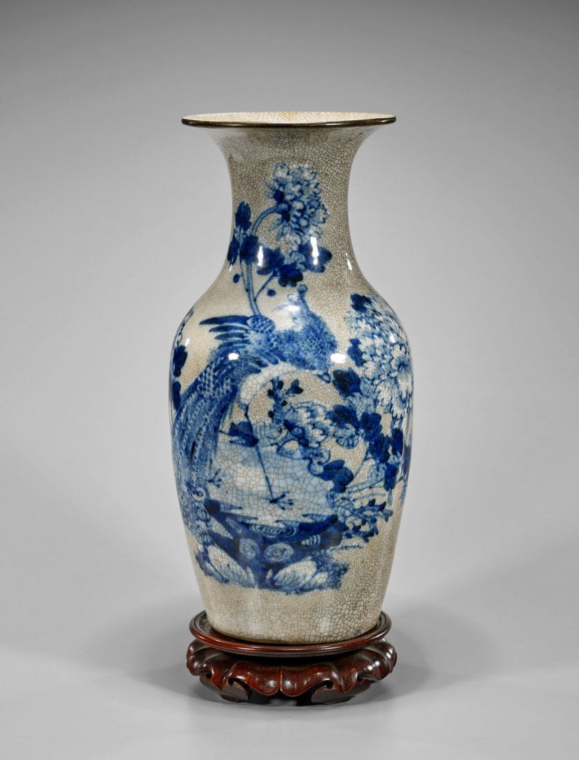Tall Antique Chinese Blue & White Crackle Glazed Vase (1 of 3)
