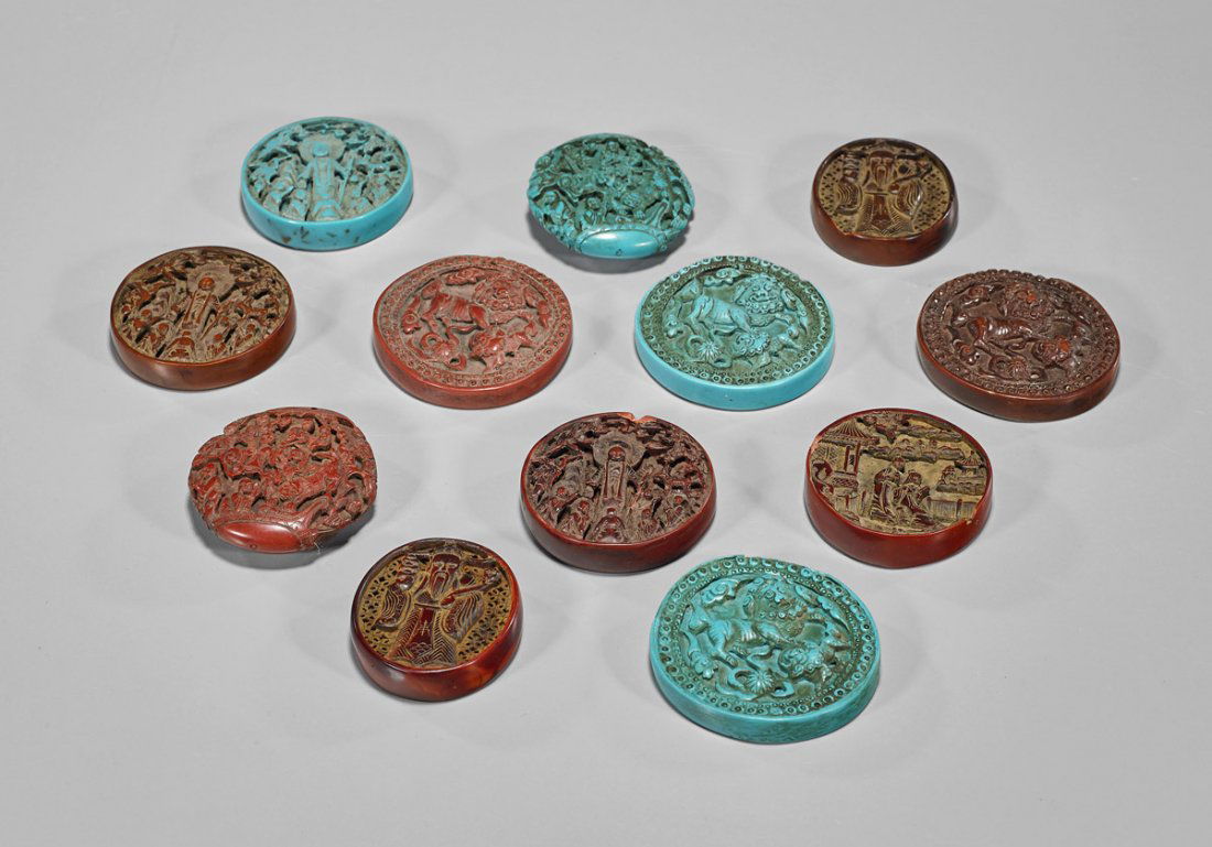 Twelve Chinese Carved "Cinnabar" & "Turquoise" Pendants (1 of 2)