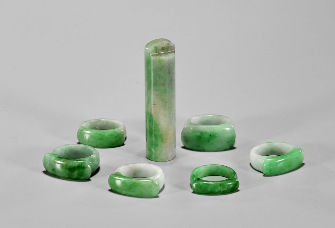 Seven Chinese Carved Jadeites: Saddle Rings & Pendant (1 of 1)