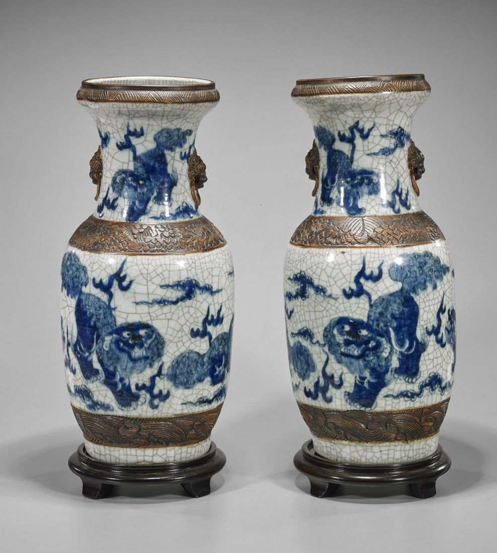 Pair Tall Antique Chinese Crackle Glazed Vases (1 of 3)