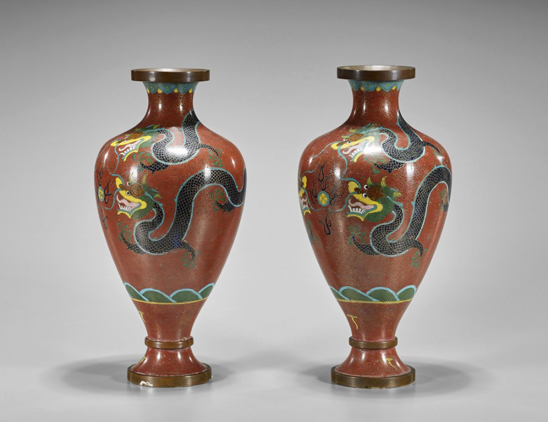 Pair Old Chinese Cloisonne Enamel Dragon Vases (1 of 2)