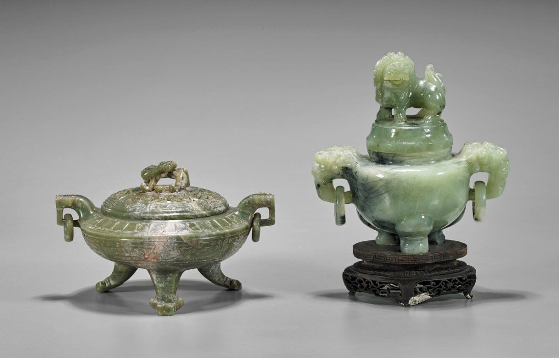 Two Chinese Carved Tripod Censers: Bowenite & Hardstone (1 of 2)