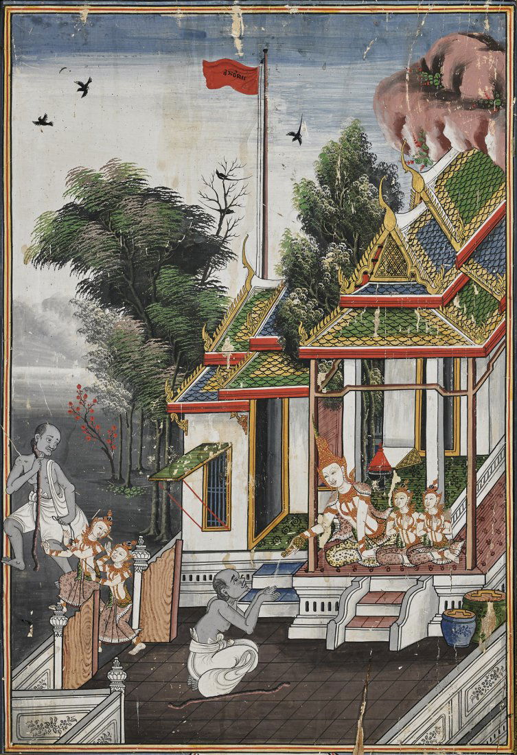 Pair Thai Temple-Style Paintings (1 of 3)