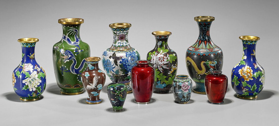 Eleven Old & Antique Cloisonne Enamel Vases (1 of 1)