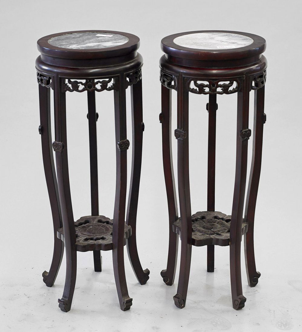 Pair Chinese Carved Hardwood & Marble Pedestals (1 of 1)