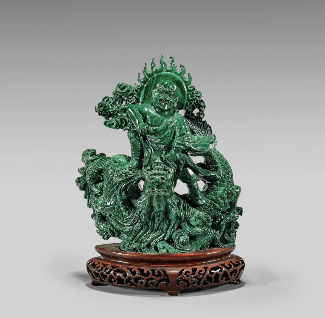 OLD CARVED MALACHITE GROUP: Monk & Dragon (1 of 2)