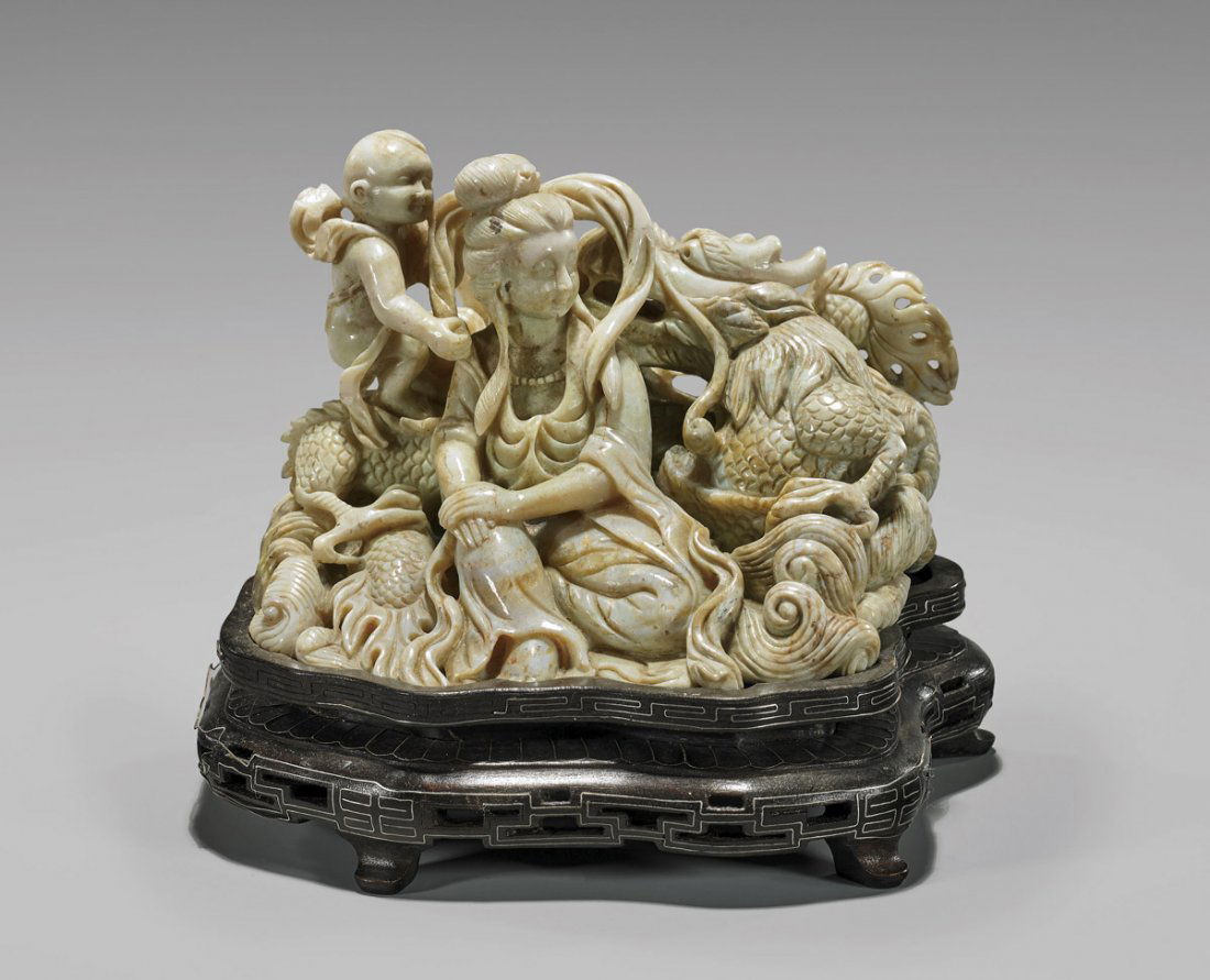 FINE CHINESE CARVED OPAL GUANYIN GROUP (1 of 2)