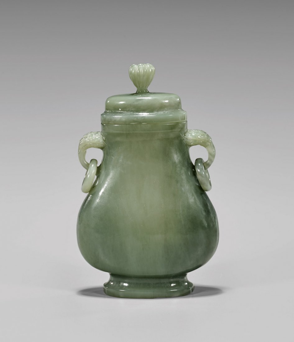 CHINESE CARVED GRAYISH-CELADON JADE URN (1 of 2)