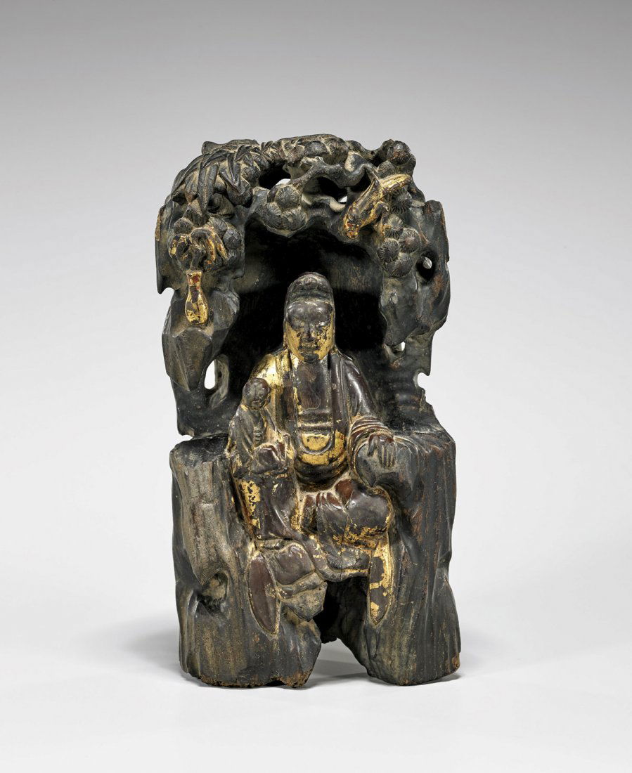 ANTIQUE CHINESE PARCEL-GILT CARVED WOOD GUANYIN (1 of 2)