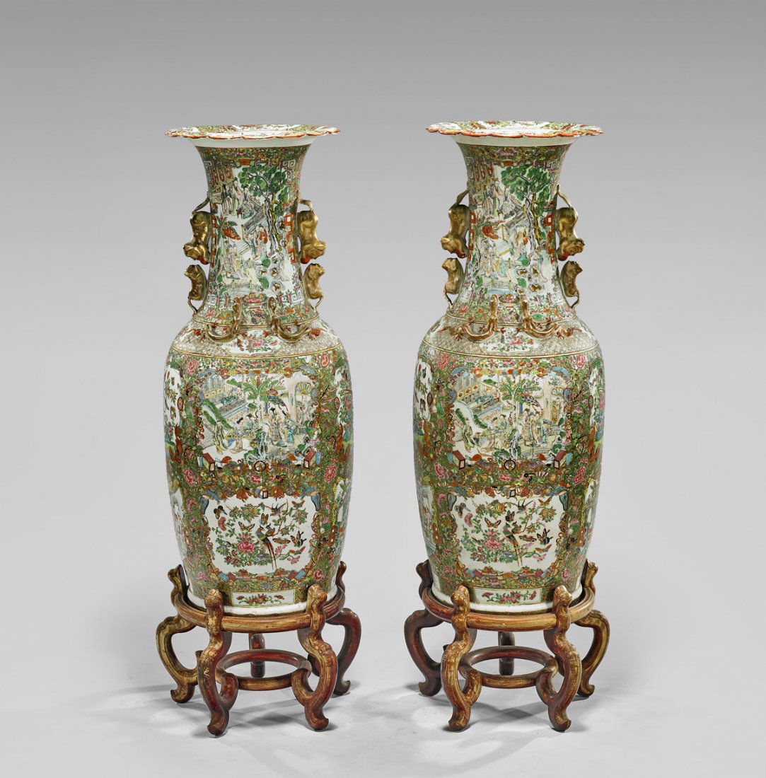 PAIR MASSIVE ANTIQUE ROSE MEDALLION PORCELAIN VASES (1 of 2)