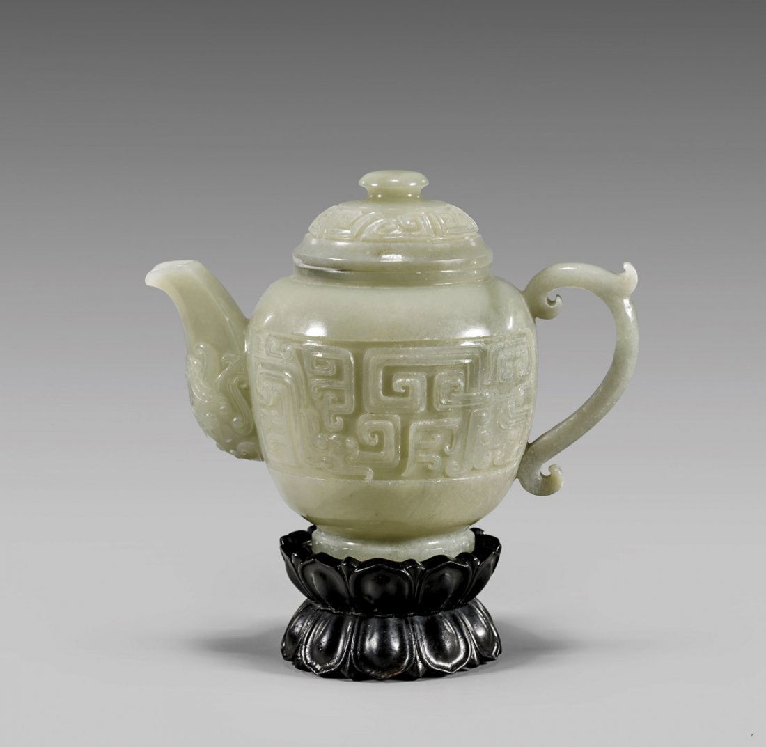 CARVED WHITISH-CELADON JADE COVERED TEAPOT (1 of 1)