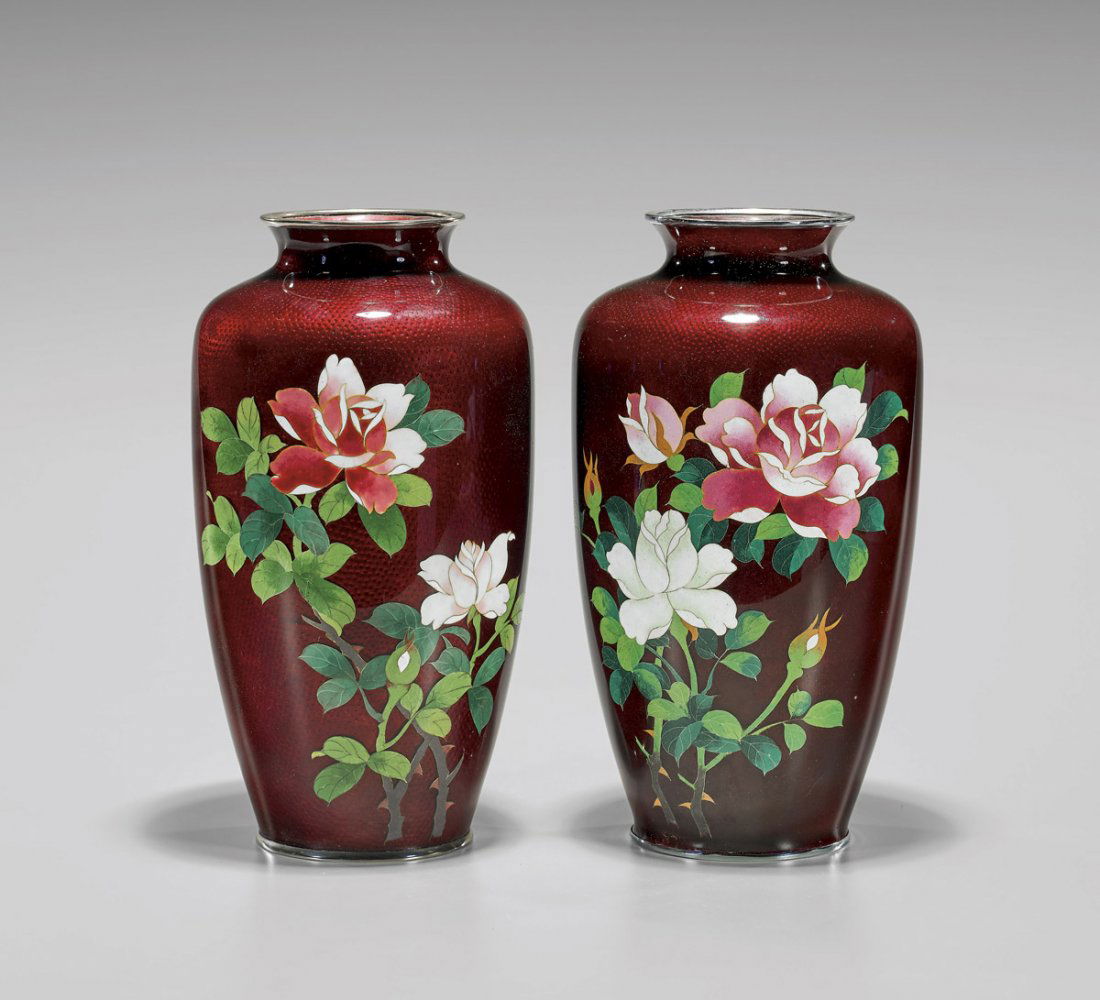 PAIR OLD JAPANESE CLOISONNÉ ENAMEL VASES: Roses (1 of 2)