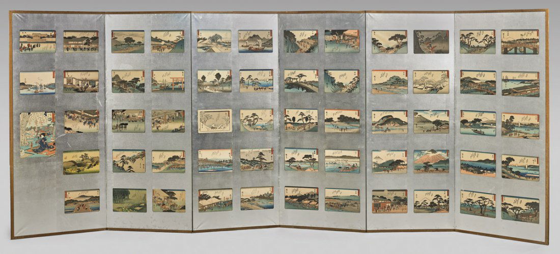 JAPANESE SIX-PANEL SCREEN MOUNTED WITH WOODBLOCK PRINTS (1 of 1)