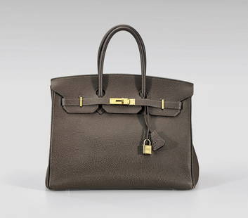 HERMÈS CHOCOLATE FJORD BIRKIN BAG: Classic Herm&egrave;s 35cm, chocolate brown Fjord leather Birkin bag; mounted with gold hardware, double rolled carrying handles, the interior with single zippered pocket, the belted strap with I squa